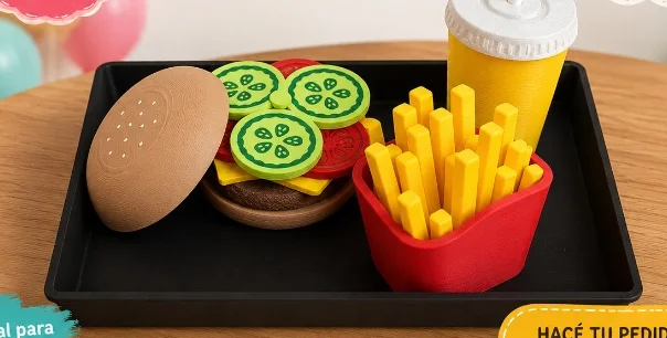 Hamburguesa, papas fritas y vaso de juguete sobre una bandeja